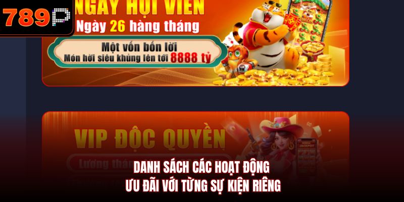 Danh sách các hoạt động ưu đãi với từng sự kiện riêng